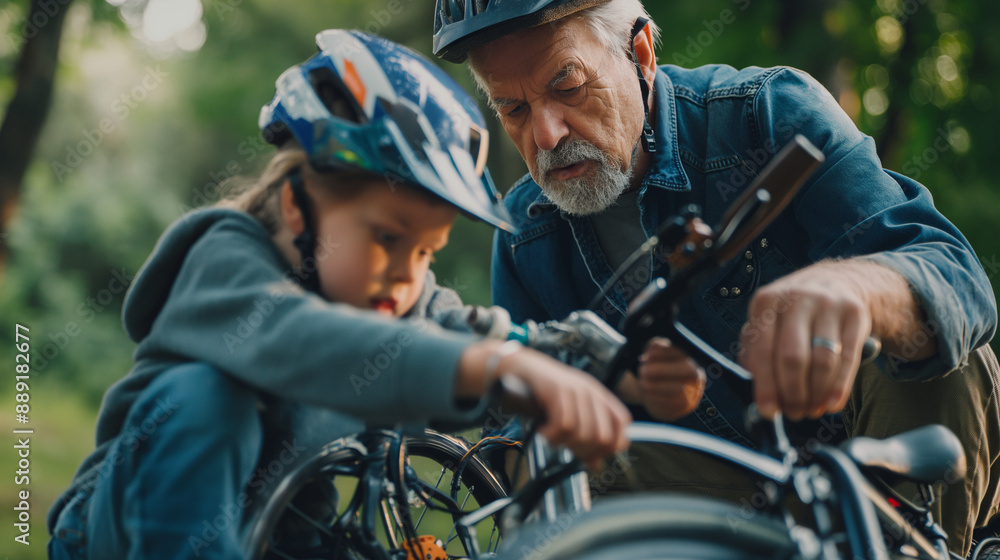 Grandfather and grandchild fixing a bike, practical and cooperative, upper third copy space Grandfather and grandchild fixing a bike, practical and cooperative, upper third copy space