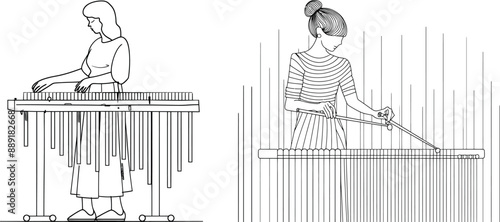 Continuous one line drawing of a female percussionist playing traditional Mexican marimba instruments at a music festival.