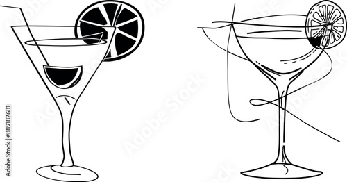Hand drawn continuous line with wineglass cocktail and yellow lemon isolated on white background.