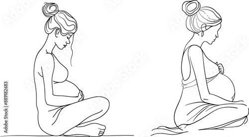 One line drawing of a pregnant woman cross-legged at home with her legs crossed and looking at her belly