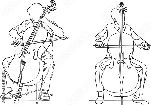 In one line drawing, young male performer plays , cellist man plays cello, musician plays classical music instrument.