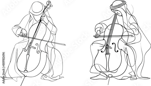 Single line drawing of a young male Arab performer playing the double bass.