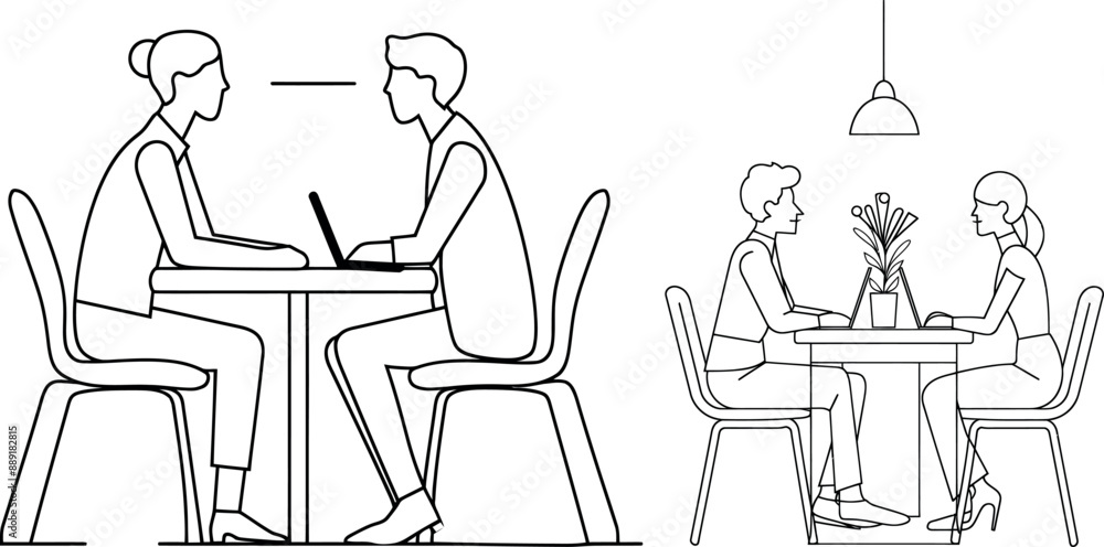 An interview with a recruiter and candidate in a simple one line design composition. An interview with a recruiter and candidate in a simple one line design composition.