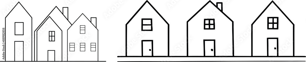 Architectural property concept. A single line drawing of a residential development on a suburban street. Architectural property concept. A single line drawing of a residential development on a suburban street.