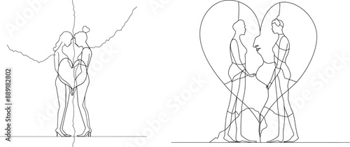 A single line drawing of a broken heart carried by a man and woman. Divorce heartache concept.