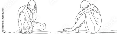 A single one-line drawing of a businessman feeling sad, depressed, and sitting on the floor