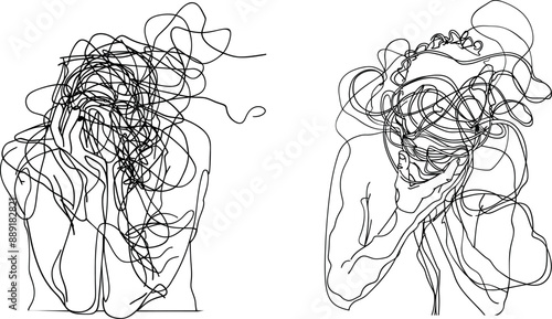 A single one-line drawing of a businesswoman with a round scribble instead of a head.