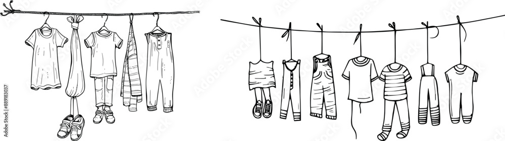 A continuous line drawing of laundry hanging on a . An illustration for a modern website. A continuous line drawing of laundry hanging on a . An illustration for a modern website.