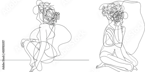 Isolated on white background is a continuous single line of a sad woman sitting and crying.