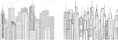 Skyscraper buildings, linear town  and modern downtown or business district illustration set in one line.