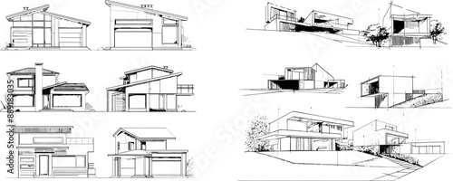 Set of one line houses. Modern illustration of vacation homes, suburban areas, and a hand drawn housing market