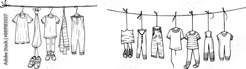 A continuous line drawing of laundry hanging on a . An illustration for a modern website.