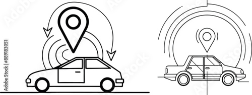 One line car path to location pin pointer. Travel concept. Vehicle road to location pointer