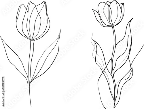 Tulips drawn in one line on a neutral abstract shape background with a neutral color scheme