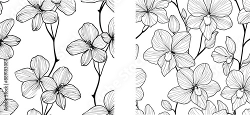 Black line on white background with a seamless pattern of one single line drawing of orchid flowers.