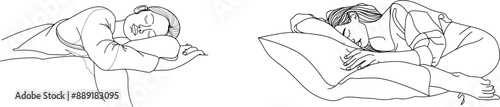 Sleeping woman on memory foam with continuous line drawing.