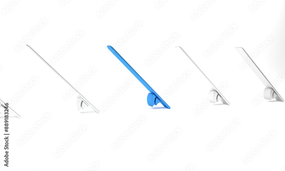 Blue Surfboard icon isolated on white background. Surfing board. Extreme sport. Sport equipment. Minimalism concept. 3D render illustration Blue Surfboard icon isolated on white background. Surfing board. Extreme sport. Sport equipment. Minimalism concept. 3D render illustration