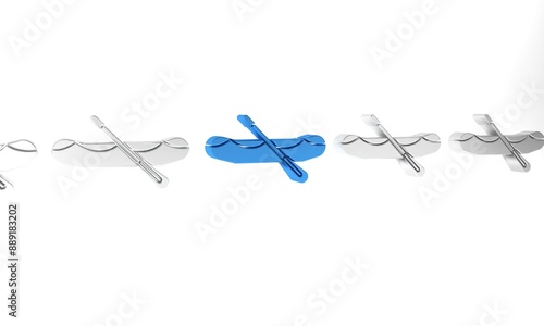 Blue Rafting boat icon isolated on white background. Inflatable boat with paddles. Water sports, extreme sports, holiday, vacation. Minimalism concept. 3D render illustration