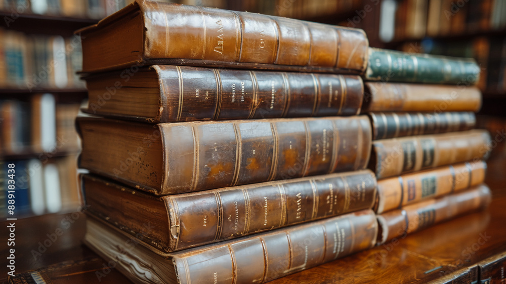Historic stack of old books with intricate, aged spines, close-up Historic stack of old books with intricate, aged spines, close-up