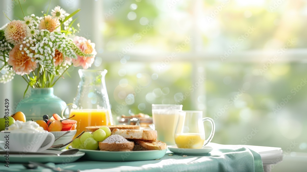 A breakfast table set with a variety of healthy options, including yogurt, fruit, and whole grain toast. A breakfast table set with a variety of healthy options, including yogurt, fruit, and whole grain toast.