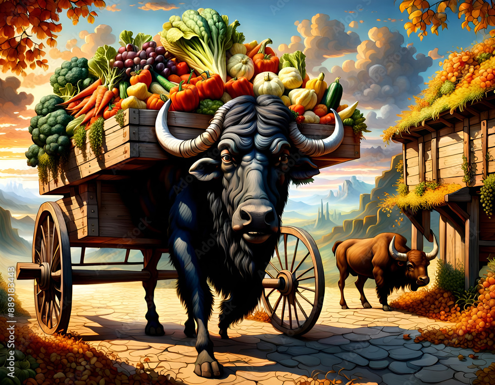 Fototapeta premium Buffle trainant une charrette pleine de légumes.