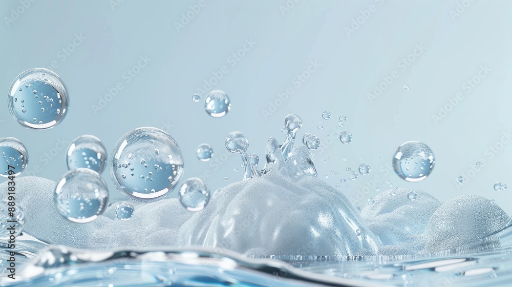 Air spheres in liquid on blank backdrop Air spheres in liquid on blank backdrop