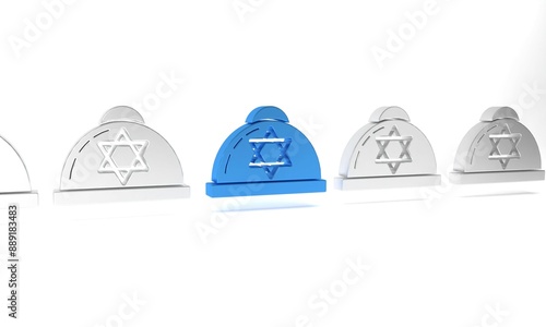 Blue Jewish kippah with star of david icon isolated on white background. Jewish yarmulke hat. Minimalism concept. 3D render illustration photo