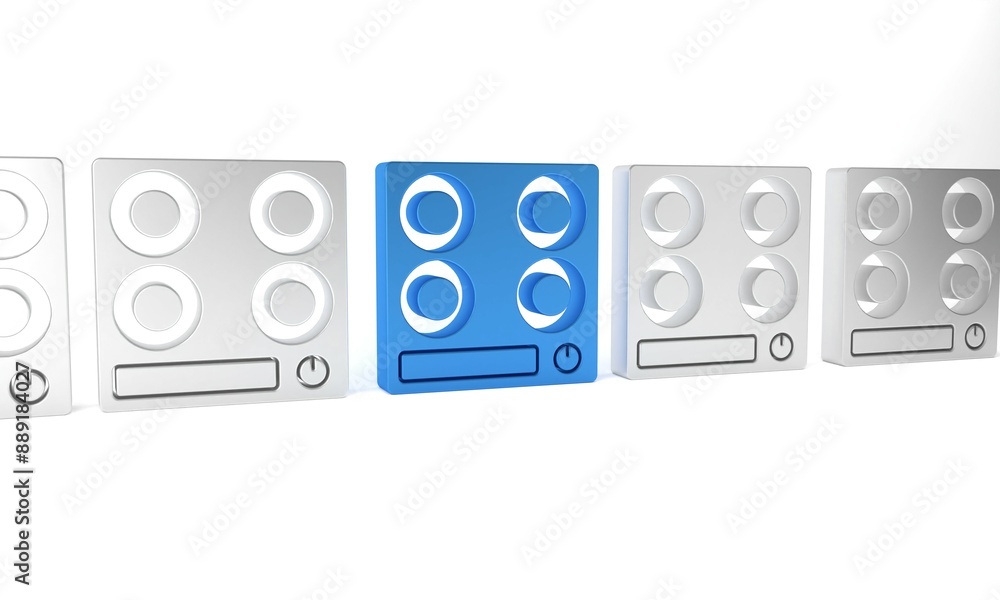 Blue Gas stove icon isolated on white background. Cooktop sign. Hob with four circle burners. Minimalism concept. 3D render illustration Blue Gas stove icon isolated on white background. Cooktop sign. Hob with four circle burners. Minimalism concept. 3D render illustration