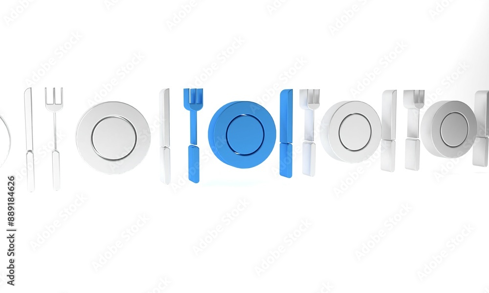 Blue Plate, fork and knife icon isolated on white background. Cutlery symbol. Restaurant sign. Minimalism concept. 3D render illustration Blue Plate, fork and knife icon isolated on white background. Cutlery symbol. Restaurant sign. Minimalism concept. 3D render illustration
