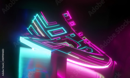 Ai generated, sneaker, sport shoe, abstract, neon, luminous, glowing art 3D render, sport concept, street art, younger generation, wallpaper, art