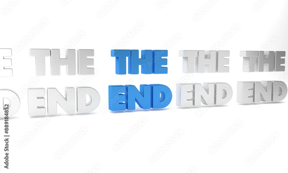 Blue The End handwritten inscription icon isolated on white background. Closing movie frame. Movie ending screen. Minimalism concept. 3D render illustration Blue The End handwritten inscription icon isolated on white background. Closing movie frame. Movie ending screen. Minimalism concept. 3D render illustration
