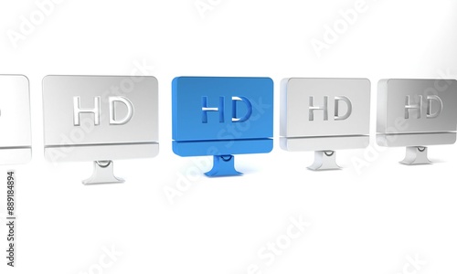 Blue Computer PC monitor display with HD video technology icon isolated on white background. Minimalism concept. 3D render illustration