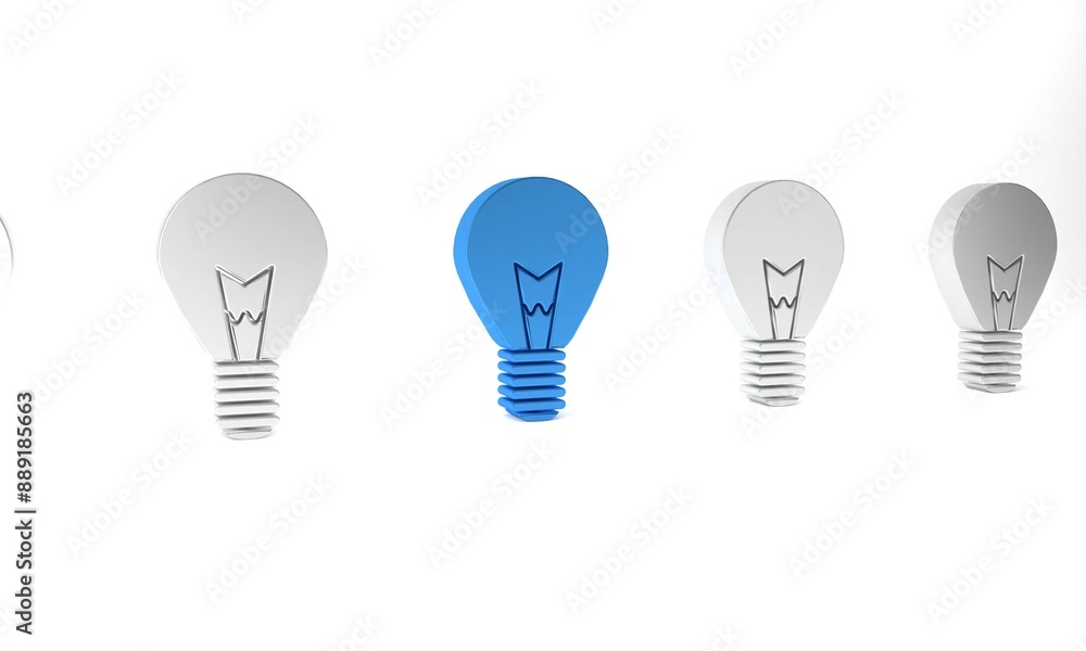 Blue Light bulb with concept of idea icon isolated on white background. Energy and idea symbol. Inspiration concept. Minimalism concept. 3D render illustration Blue Light bulb with concept of idea icon isolated on white background. Energy and idea symbol. Inspiration concept. Minimalism concept. 3D render illustration