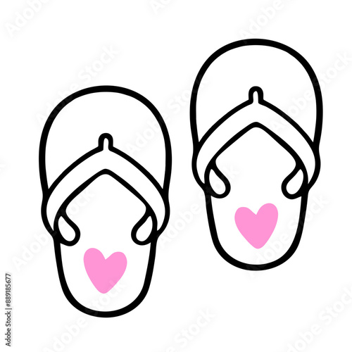 A pair of black flip flops with pink heart shapes on the straps, against a white background