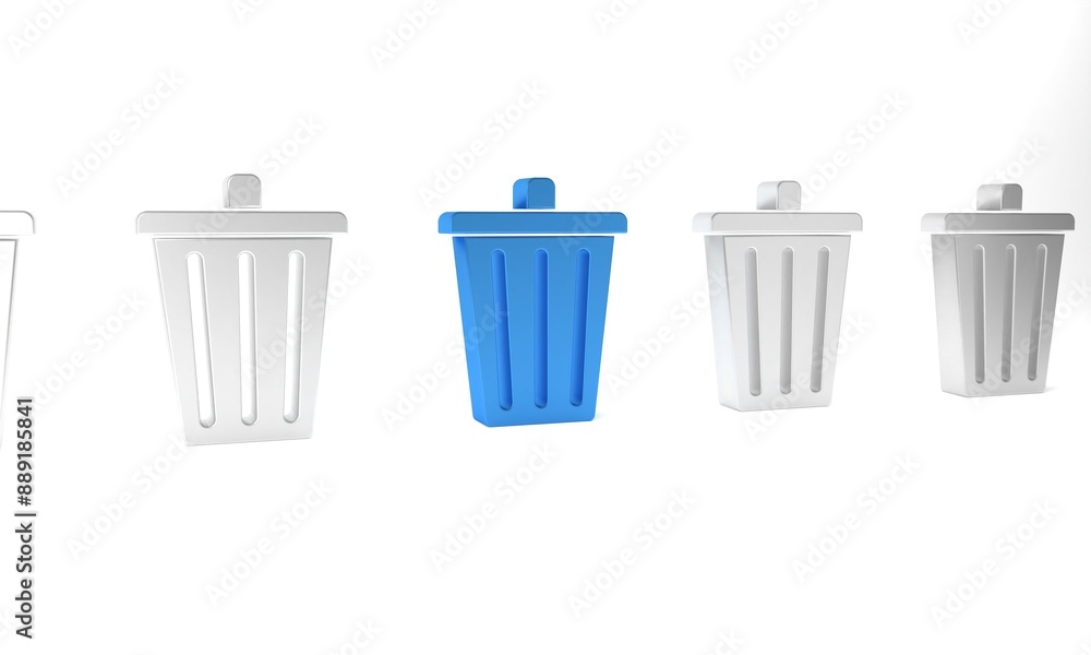 Blue Trash can icon isolated on white background. Garbage bin sign. Recycle basket icon. Office trash icon. Minimalism concept. 3D render illustration Blue Trash can icon isolated on white background. Garbage bin sign. Recycle basket icon. Office trash icon. Minimalism concept. 3D render illustration