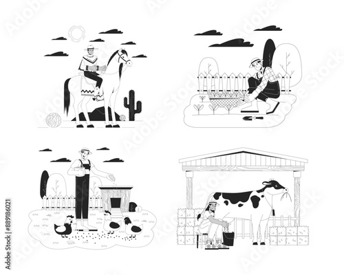 Agricultural activities black and white flat line illustration set. Multiethnic farmers working with plants and animals 2D lineart characters isolated. Farming monochrome vector outline image bundle