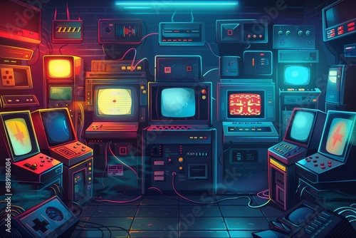 Retro arcade room with neon lights and vintage video game machines, capturing the classic and nostalgic entertainment of the 80s and 90s.