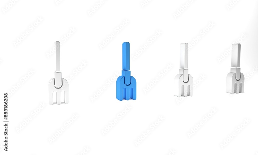 Blue Garden rake icon isolated on white background. Tool for horticulture, agriculture, farming. Ground cultivator. Housekeeping equipment. Minimalism concept. 3D render illustration Blue Garden rake icon isolated on white background. Tool for horticulture, agriculture, farming. Ground cultivator. Housekeeping equipment. Minimalism concept. 3D render illustration