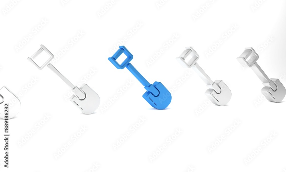 Blue Shovel icon isolated on white background. Gardening tool. Tool for horticulture, agriculture, farming. Minimalism concept. 3D render illustration Blue Shovel icon isolated on white background. Gardening tool. Tool for horticulture, agriculture, farming. Minimalism concept. 3D render illustration