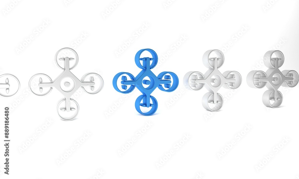 Blue Drone flying with action video camera icon isolated on white background. Quadrocopter with video and photo camera symbol. Minimalism concept. 3D render illustration Blue Drone flying with action video camera icon isolated on white background. Quadrocopter with video and photo camera symbol. Minimalism concept. 3D render illustration