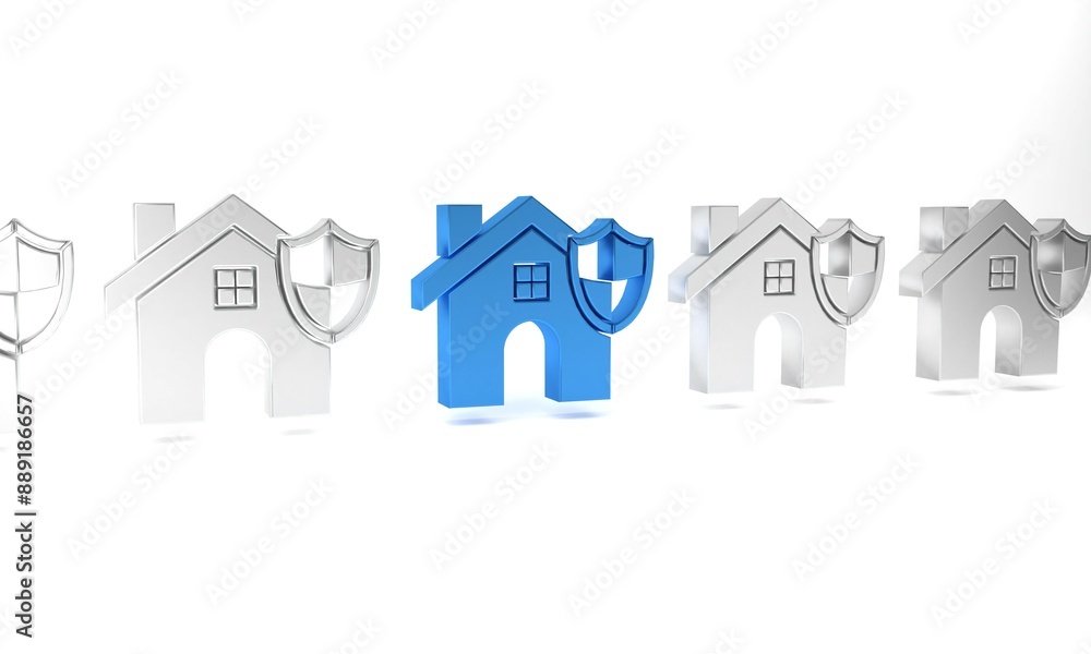 Blue House with shield icon isolated on white background. Insurance concept. Security, safety, protection, protect concept. Minimalism concept. 3D render illustration