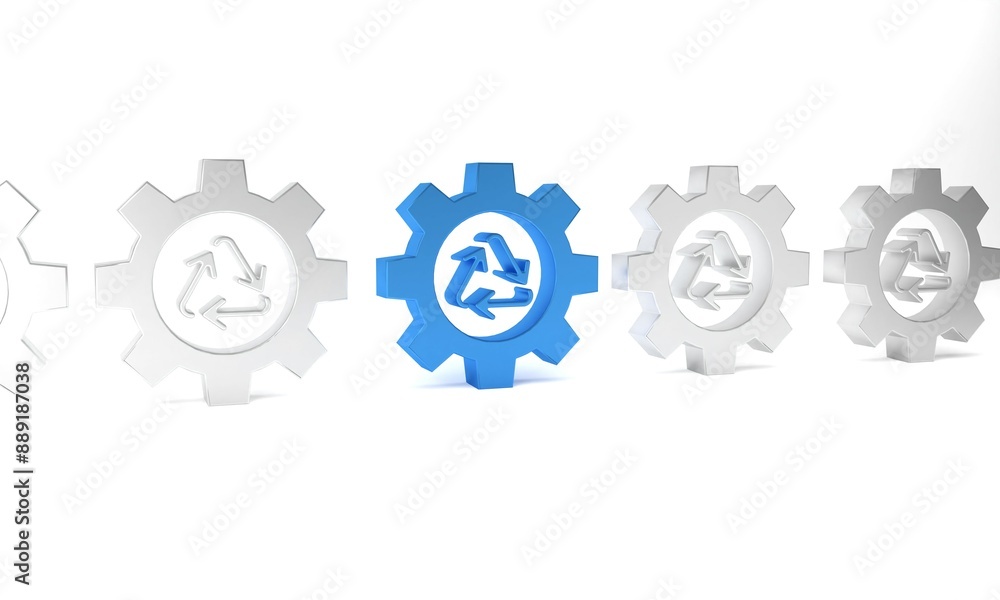 Blue Recycle symbol and gear icon isolated on white background. Circular arrow icon. Environment recyclable go green. Minimalism concept. 3D render illustration Blue Recycle symbol and gear icon isolated on white background. Circular arrow icon. Environment recyclable go green. Minimalism concept. 3D render illustration