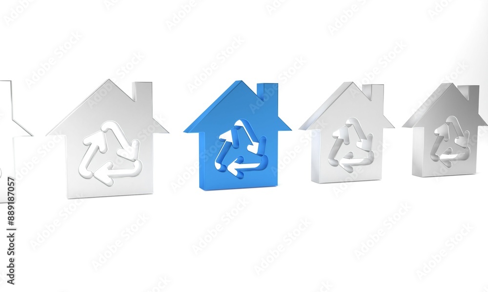 Blue Eco House with recycling symbol icon isolated on white background. Ecology home with recycle arrows. Minimalism concept. 3D render illustration Blue Eco House with recycling symbol icon isolated on white background. Ecology home with recycle arrows. Minimalism concept. 3D render illustration