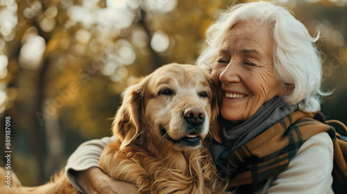 Obraz na płótnie Mature woman cuddling golden retriever dog outdoors in park. Senior female bonding with happy pet. Animal companionship and friendshiop. humans best friend. Candid elderly woman with dog. w salonie