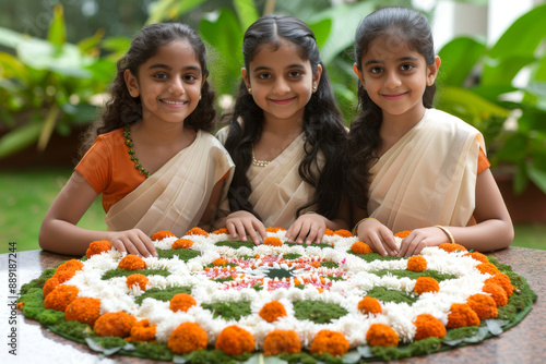 Young girls wearing traditional dress  making colourful arrangement with flowers as ritual to celebrate Onam festival photo