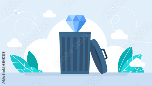 Depreciation of moral values. Find a diamond in the trash heap. accidentally throw a jewel into the trash. Trash can with a diamond. Flat vector illustration.