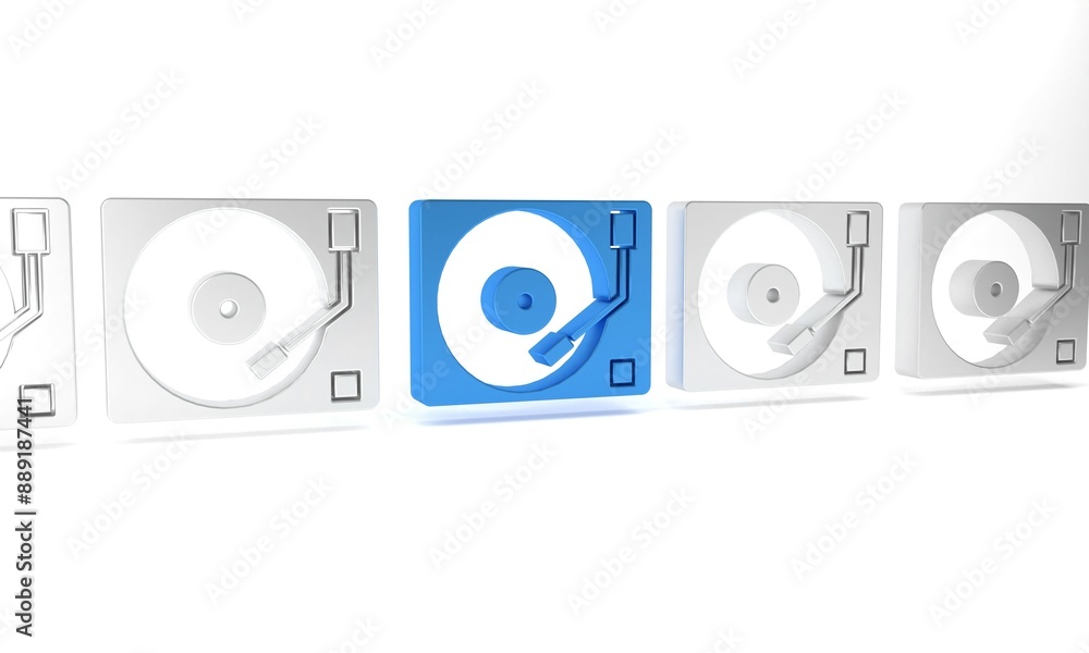 Blue Vinyl player with a vinyl disk icon isolated on white background. Minimalism concept. 3D render illustration Blue Vinyl player with a vinyl disk icon isolated on white background. Minimalism concept. 3D render illustration