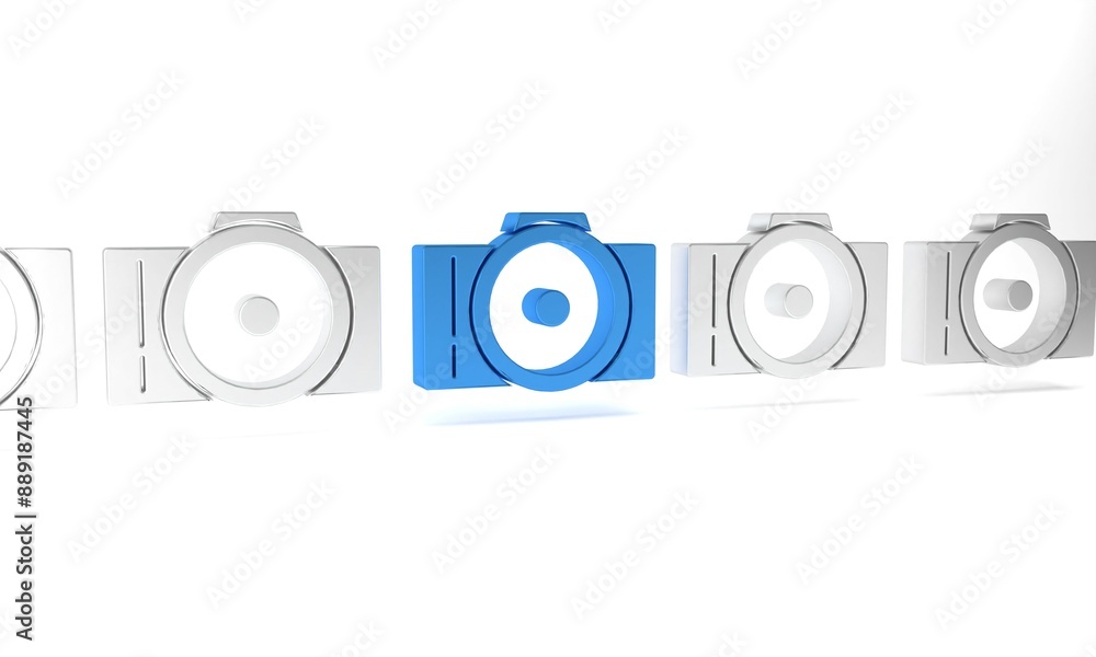 Blue Photo camera icon isolated on white background. Foto camera icon. Minimalism concept. 3D render illustration Blue Photo camera icon isolated on white background. Foto camera icon. Minimalism concept. 3D render illustration