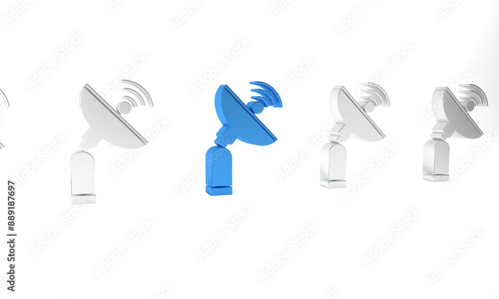 Blue Radar icon isolated on white background. Search system. Satellite sign. Minimalism concept. 3D render illustration Blue Radar icon isolated on white background. Search system. Satellite sign. Minimalism concept. 3D render illustration