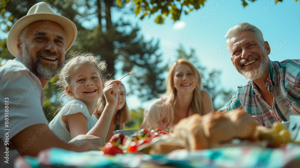 Fototapeta premium Multi-generational family picnic, communal and joyful, upper third copy space